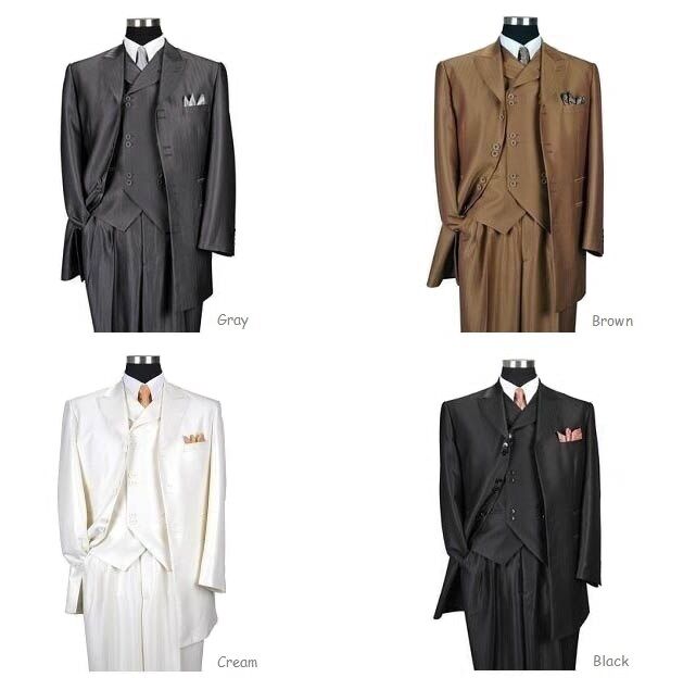 Men's Wool Feel Herring Bone Striped Suit w/ Vest #5264 Cream Gray